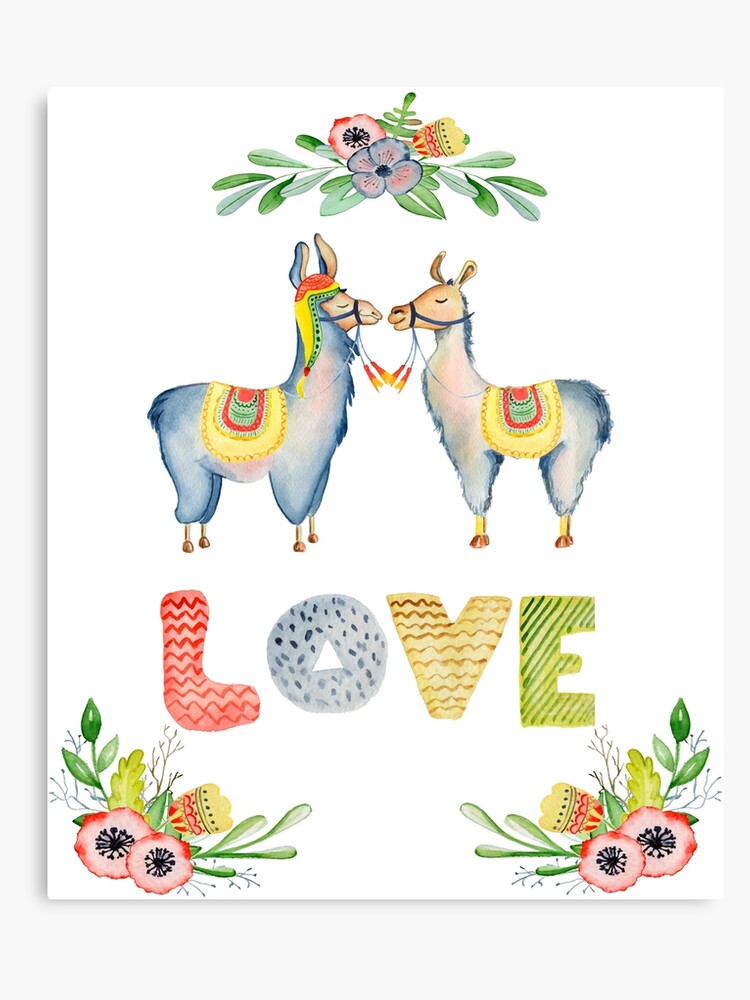 Llama Love Watercolor Alpaca Love Design Canvas Print - 