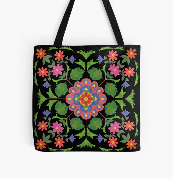 Floral Rangoli Pattern on Black All Over Print Tote Bag