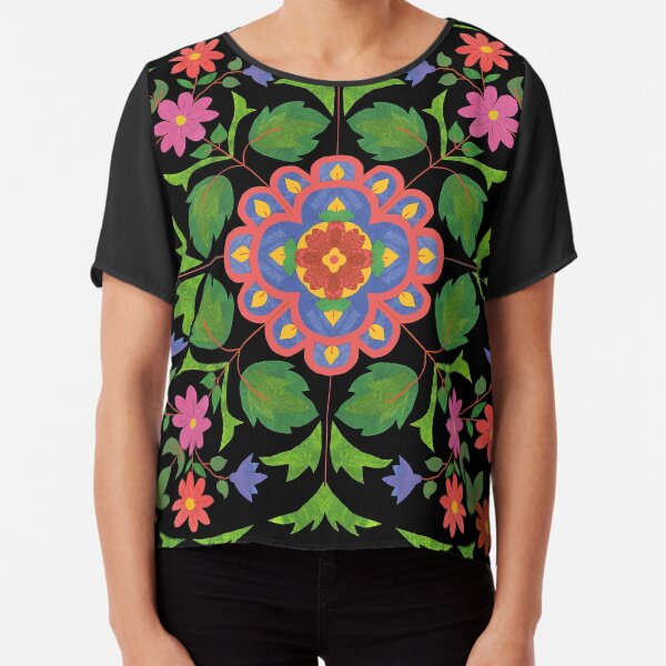 Floral Rangoli Pattern on Black Chiffon Top