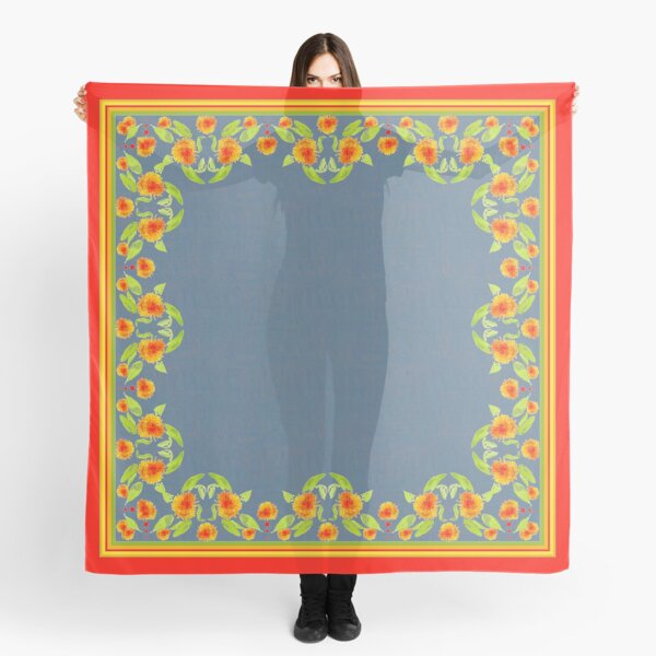 Country Style Marigolds Border on Indigo with Red Edging Scarf