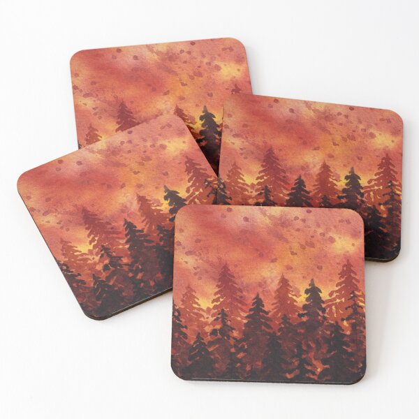 Item preview, Sunset pine forest silhouette watercolor painting designed and sold by RedFinchDesigns.