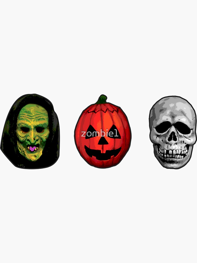 "Halloween 3 masks  witch, pumpkin and skull" Sticker for Sale by