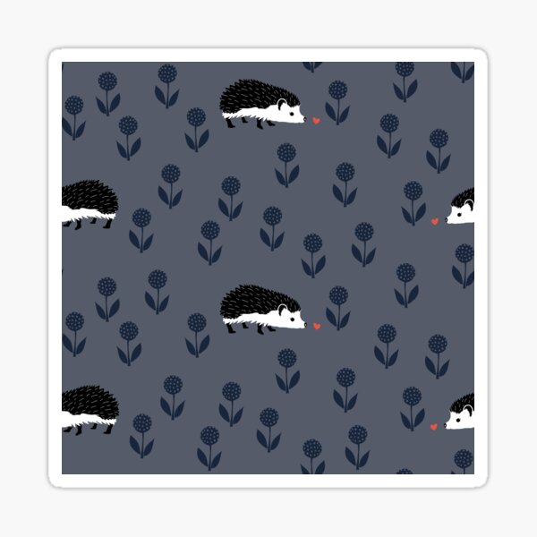 Hedgehog Finds Love - Black, Indigo Blue, Salmon and White on Gray Sticker