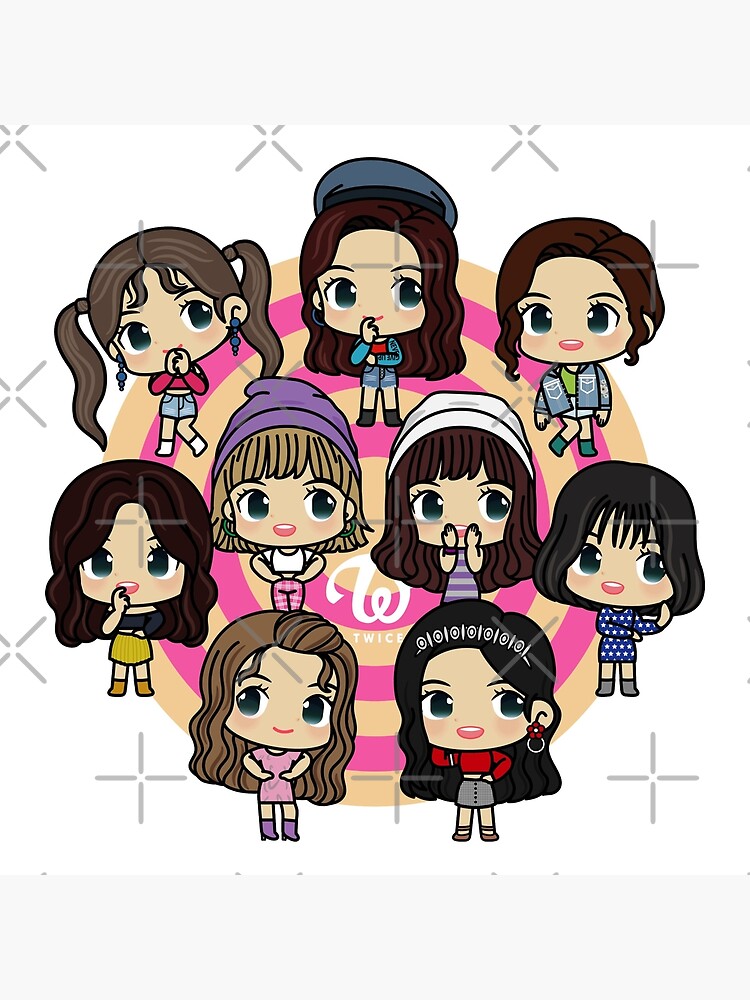 TWICE All 9 Members in chibi version - Tzuyu, Mina, Momo, Jihyo, JeongYeon,  Dahyun, Chaeyoung, Nayeon, Sana | Art Board Print