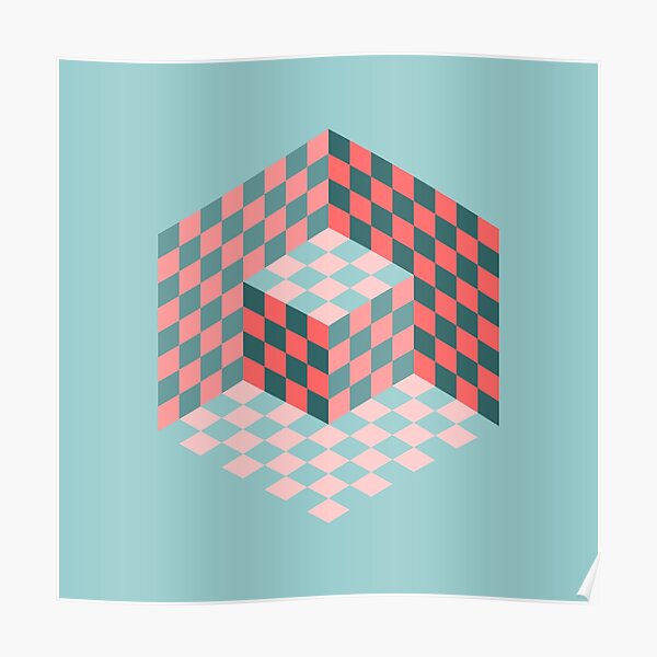Vasarely cube en corail et sarcelle Poster