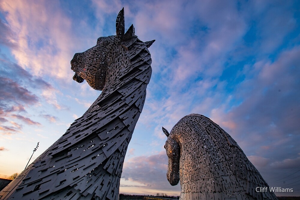 "Kelpies admire the sky Falkirk Scotland" by Cliff Williams Redbubble
