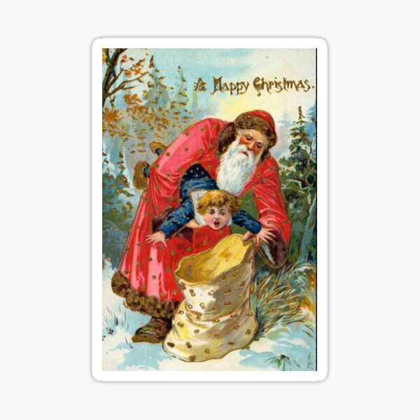 Victorian Santa Stuffing Child into Sack Christmas greeting Sticker