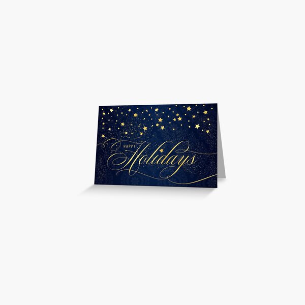 Happy Holidays Navy Blue and Faux Gold Leaf with Stars Greeting Card