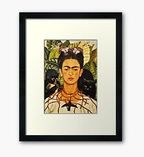 Frida Kahlo Self-Portrait with Thorn Necklace and Hummingbird Naive art Painting Framed Print
