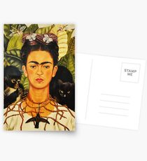 Postales Autorretrato de Frida Kahlo con collar de espinas y pintura de arte ingenuo de colibrí