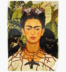 Frida Kahlo Selbstporträt mit Dornkette und Hummingbird Naive Kunstmalerei Poster