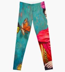 Legging Autorretrato de Frida Kahlo con mariposas, flores rosas y fondo verde turquesa grunge