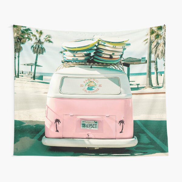 Pink Kombi Van Surf Art Tapestry