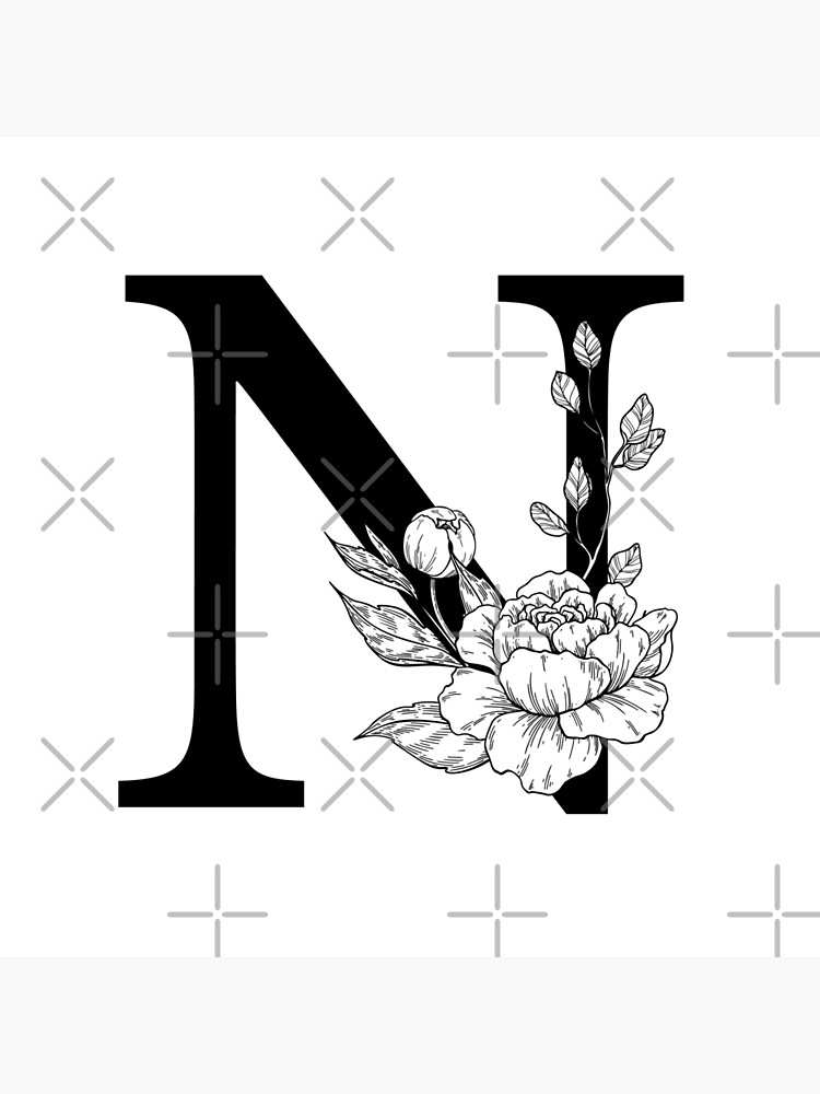 N Botanical Monogram. Detailed Peony Drawing