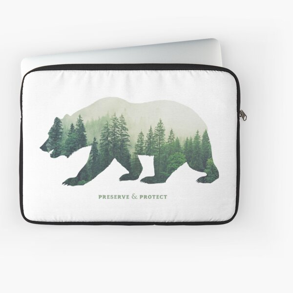 Preserve & Protect Nature Double Exposure Bear Silhouette Trees Forest Save the Environment Climate Change Wilderness Hiking Camping Laptop Sleeve