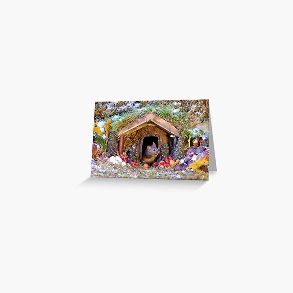 festive christmas mouse in a log cabin house Greeting Card