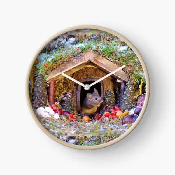 festive christmas mouse in a log cabin house Clock