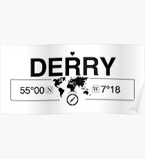 Derry Northern Ireland GPS Coordinates Map Artwork with Compass Poster
