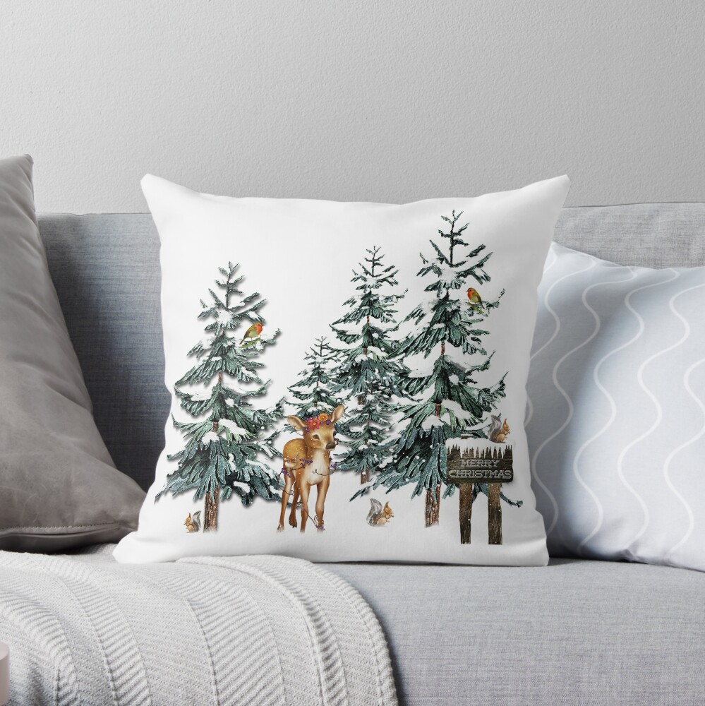 Christmas Winter Forest Deer Throw Pillow