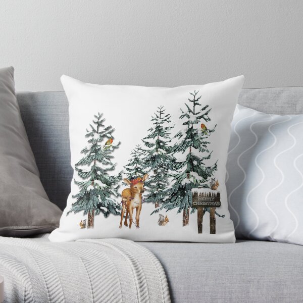Christmas Winter Forest Deer Throw Pillow