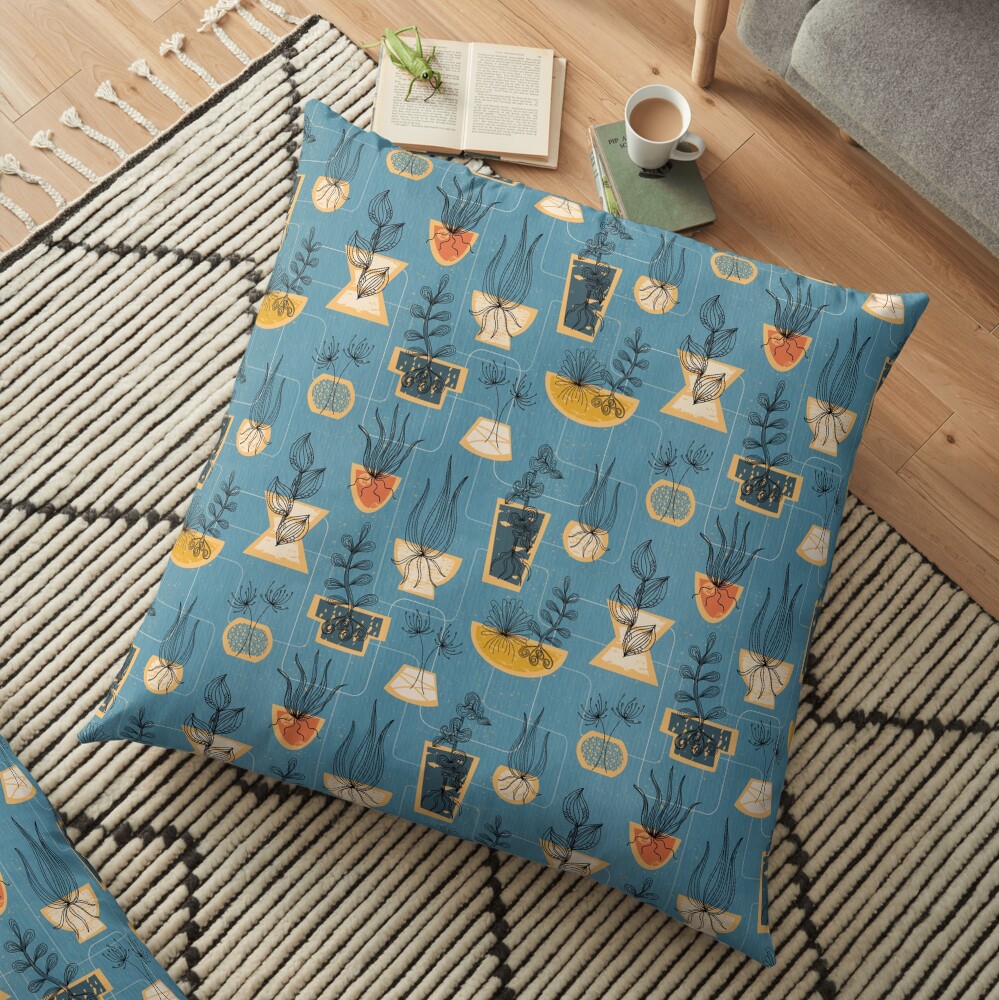 1950s Houseplants- Blue Floor Pillow