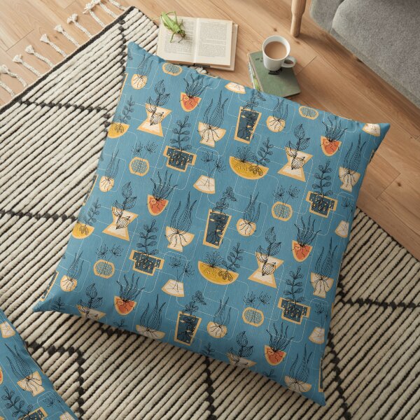 1950s Houseplants- Blue Floor Pillow