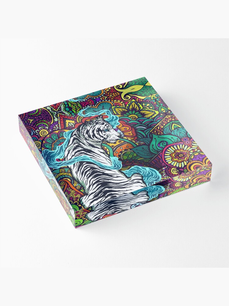 Alternate view of The White Tiger -Tiger with colorful floral pattern Acrylic Block