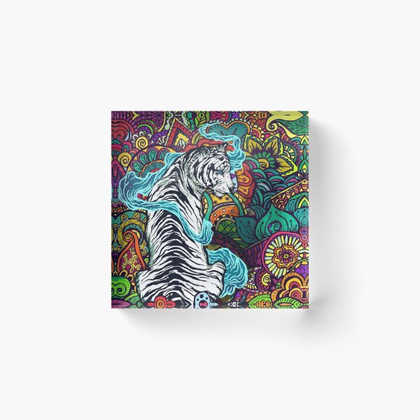 The White Tiger -Tiger with colorful floral pattern Acrylic Block