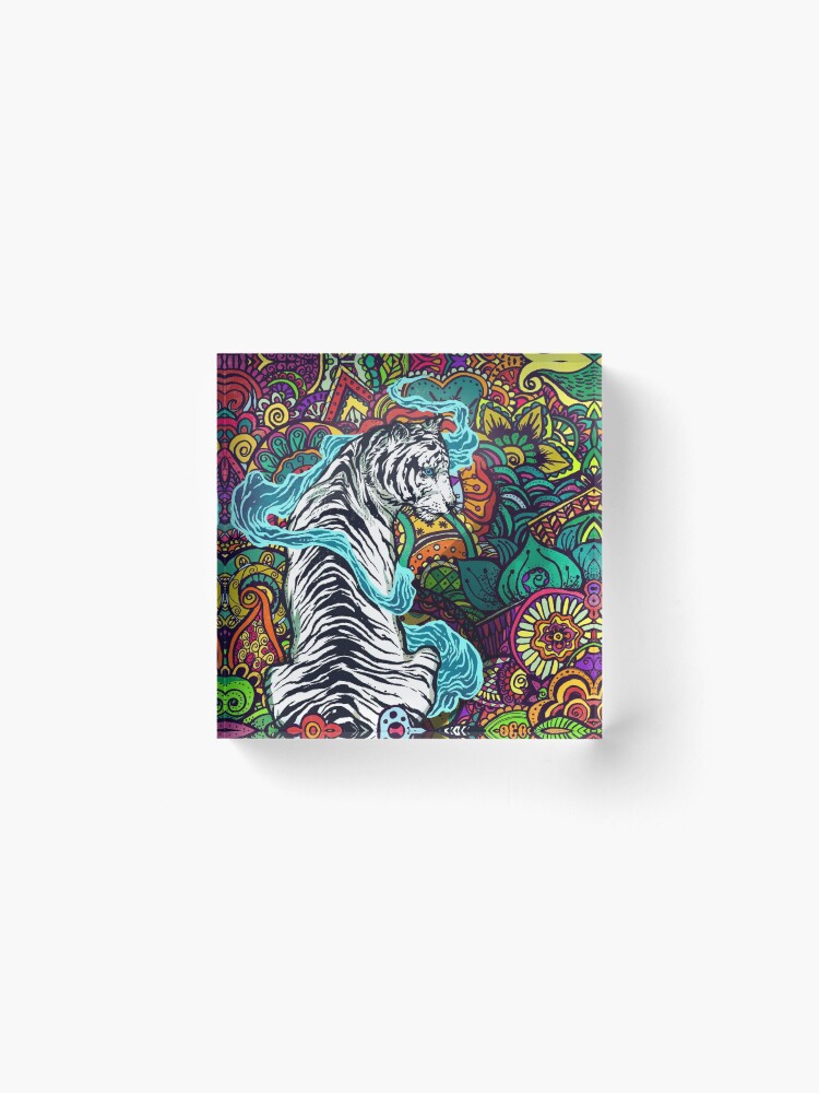 Alternate view of The White Tiger -Tiger with colorful floral pattern Acrylic Block