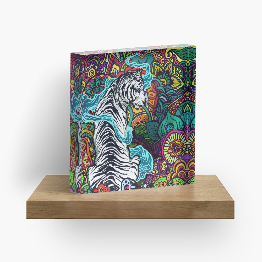 The White Tiger -Tiger with colorful floral pattern Acrylic Block