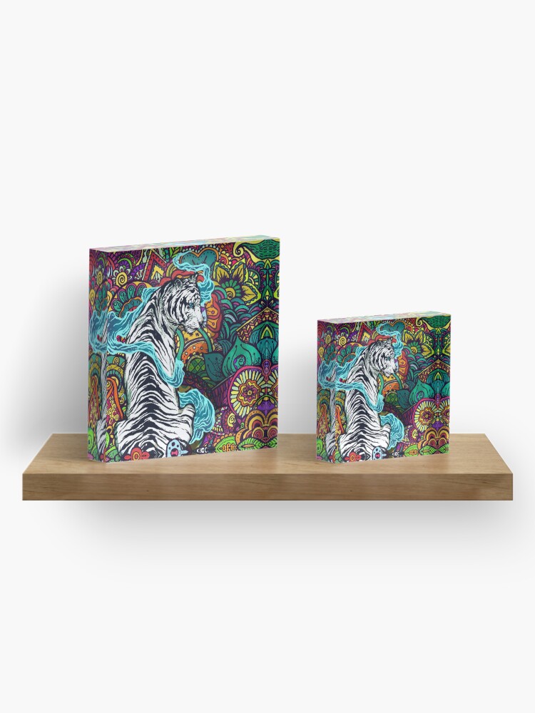 Alternate view of The White Tiger -Tiger with colorful floral pattern Acrylic Block