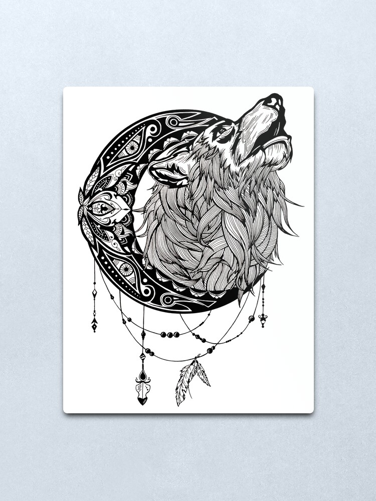 Impression Metallique Loup Hurlant Mandala Lune Totem Esprit Animal Conception De Tatouage A L Encre Par Zuskaart Redbubble