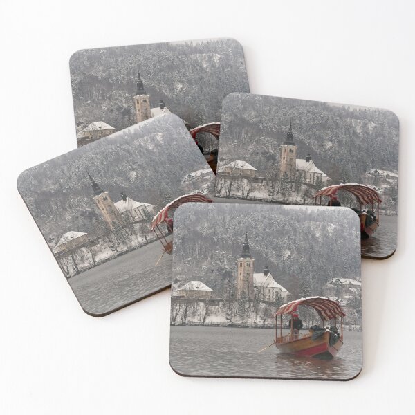 Item preview, Red Pletna Boat Leaving Bled Island designed and sold by rawshutterbug.