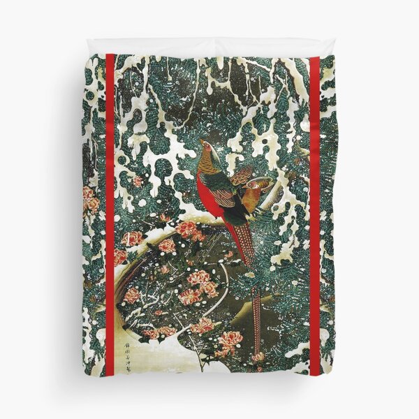Pheasants in the Snow with Pine Tree and Roses Duvet Cover