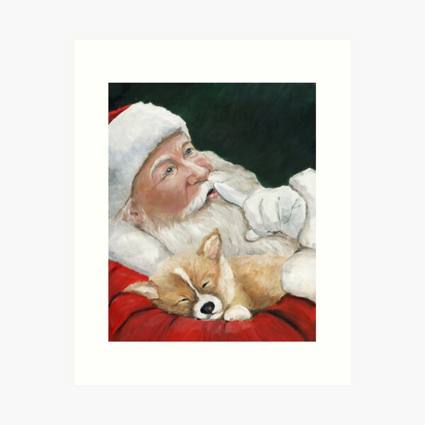 Pembroke Welsh Corgi and Santa Claus Art Print