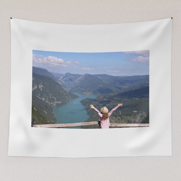 Item preview, happy little girl with hands up on mountain viewpoint designed and sold by goceris.