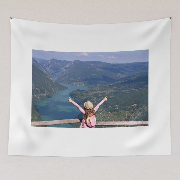Item preview, little girl hiker with thumbs up on mountain designed and sold by goceris.
