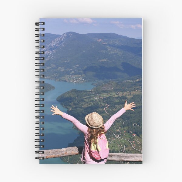 Item preview, little girl hiker with hands up on mountain viewpoint designed and sold by goceris.