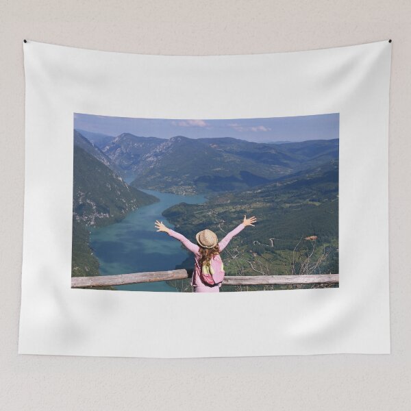 Item preview, little girl hiker with hands up on mountain viewpoint designed and sold by goceris.