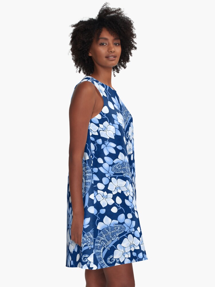 Alternate view of Chameleons and orchids in blue A-Line Dress