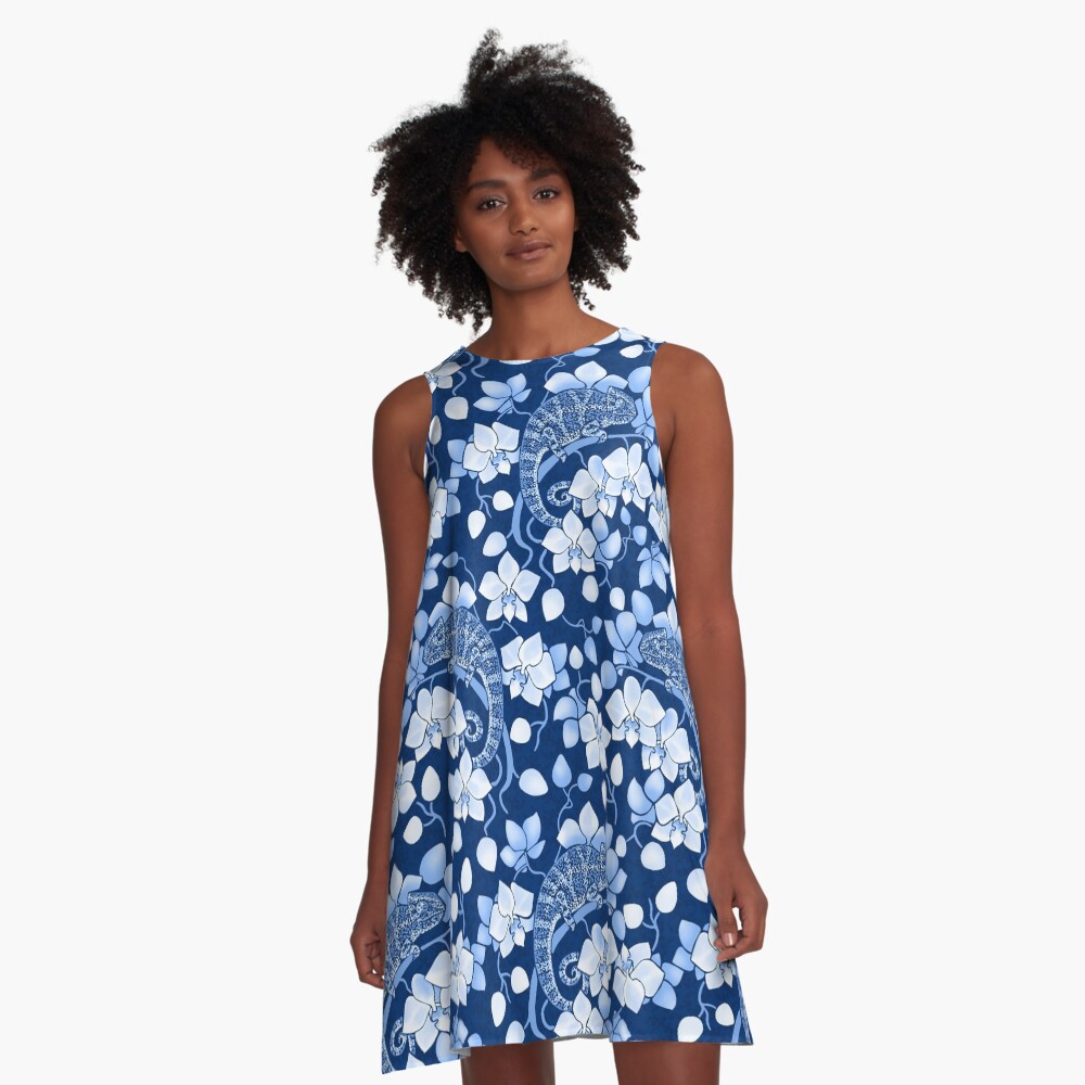 Chameleons and orchids in blue A-Line Dress