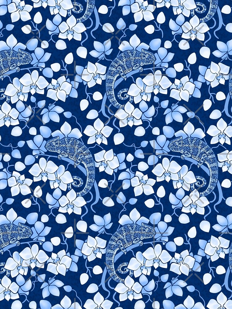 Chameleons and orchids in blue by Elenanaylor