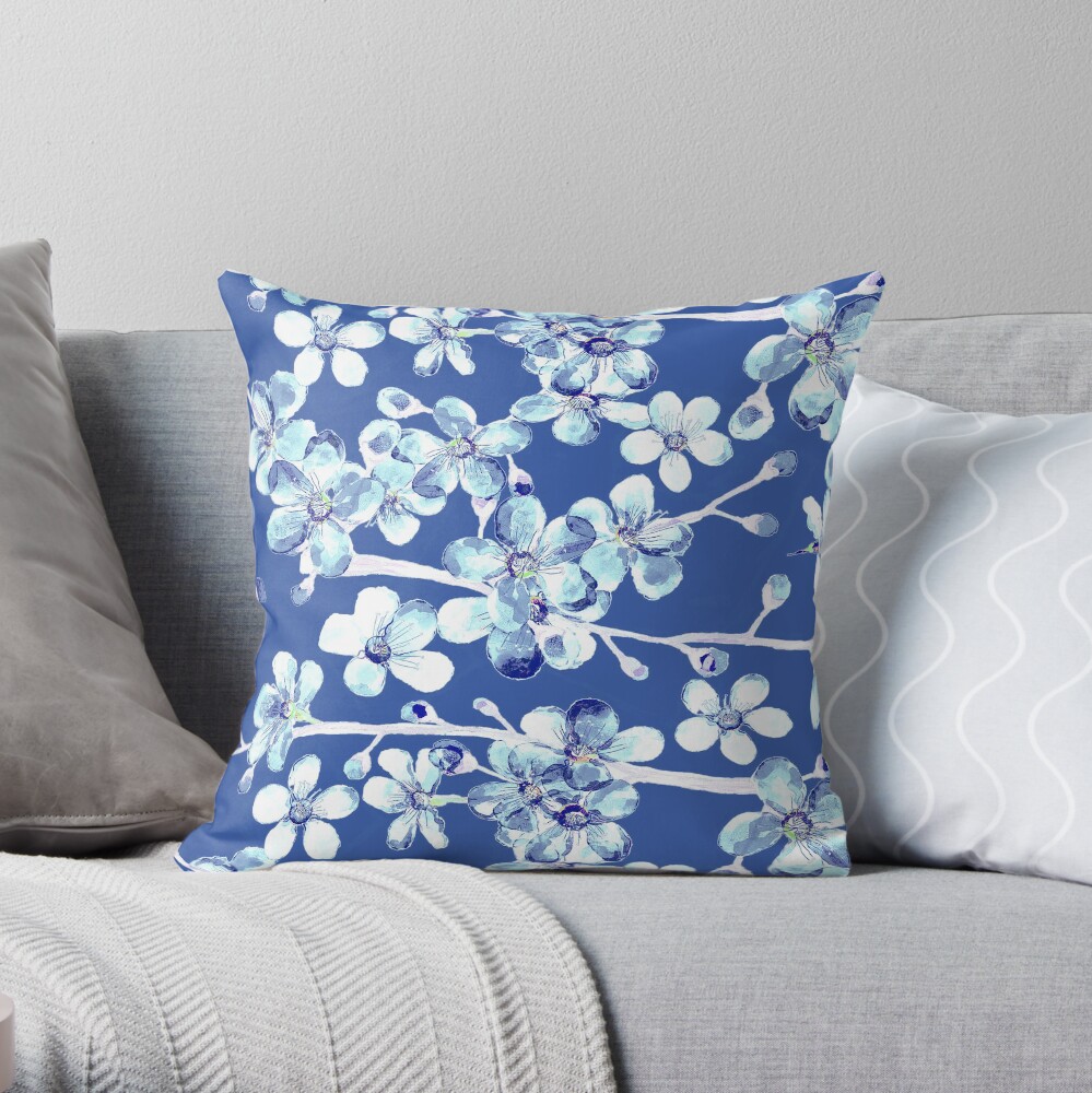 blue and white cherry blossom, Chinoiserie, Hamptons Style interiors. Throw Pillow