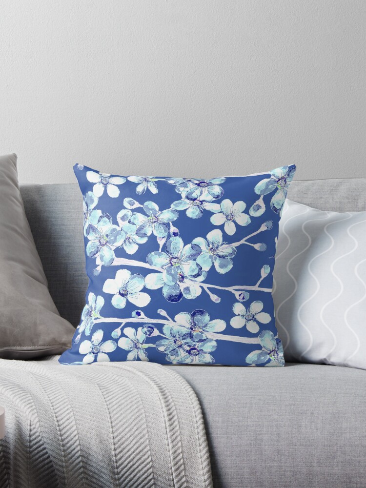 Thumbnail 1 of 4, Pillow, blue and white cherry blossom, Chinoiserie, Hamptons Style interiors. designed and sold by MagentaRose.