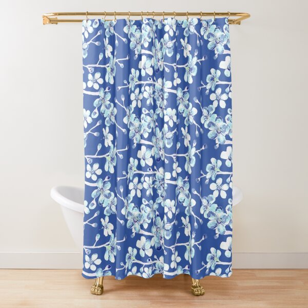 blue and white cherry blossom, Chinoiserie, Hamptons Style interiors. Shower Curtain