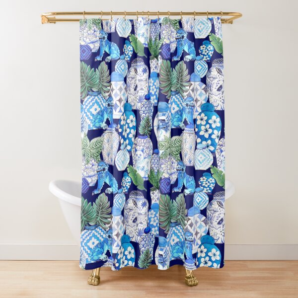 classic blue Chinoiserie Foo dogs, Chinese ginger jars, palms and calathea, blue and white Shower Curtain