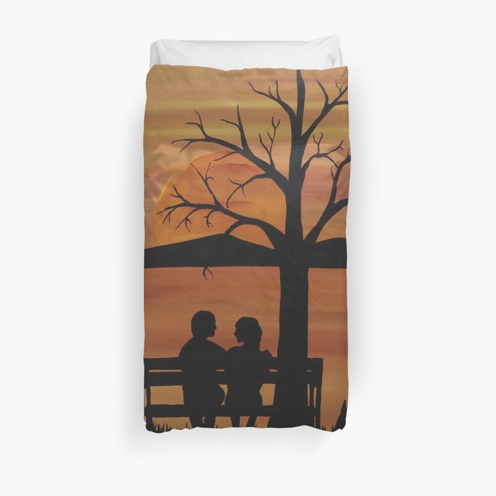 Romantic Art Couple Sitting On A Bench Duvet Cover By