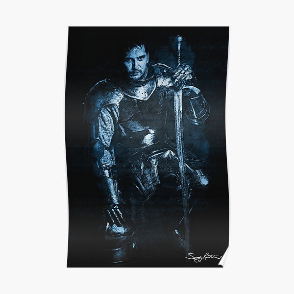 Blue Medieval Knight Kneeling With Sword Poster