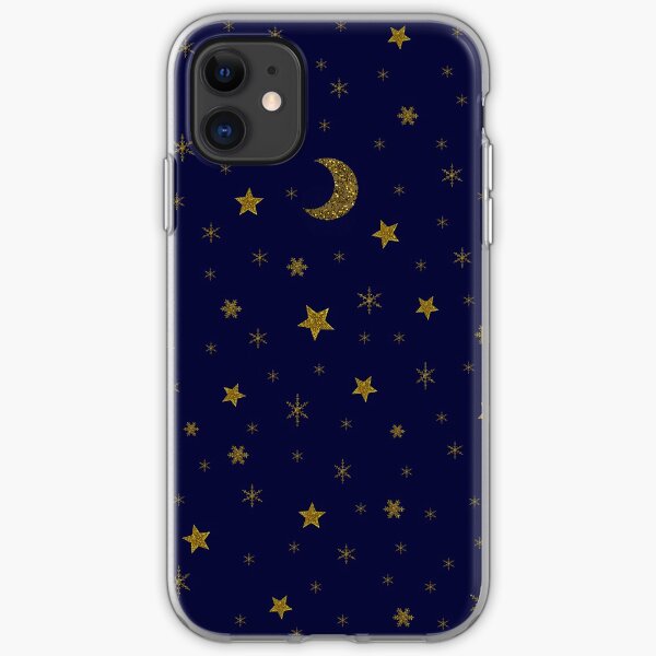 Sparkly stars, moon on blue sky iPhone Soft Case
