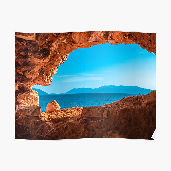 Lefkada island trough a cave, Greek Island and sea Poster